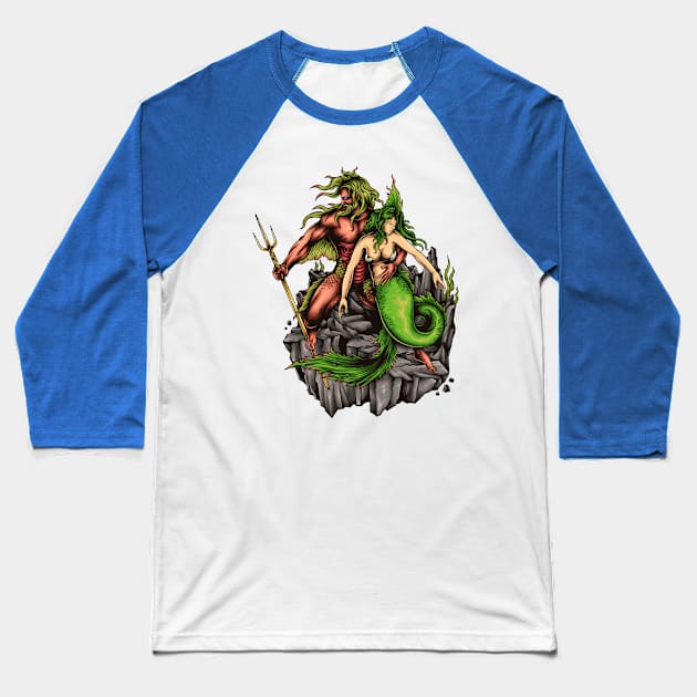 Mermaid fishman god Baseball T-Shirt by Mako Design 